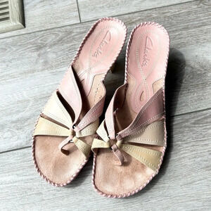 Clarks Women's Pink Beige Leather Open Toe  Heels Sandals